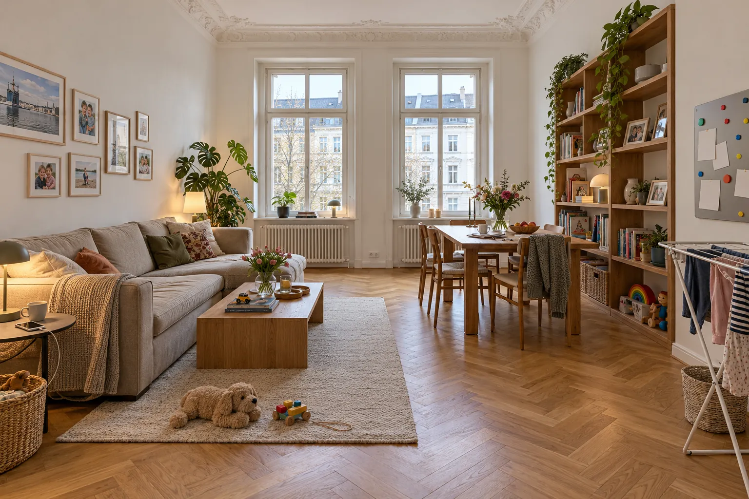 Altbau-Wohnzimmer mit Essbereich, bewohnt, mit Familienfotos, Spielzeug und Post