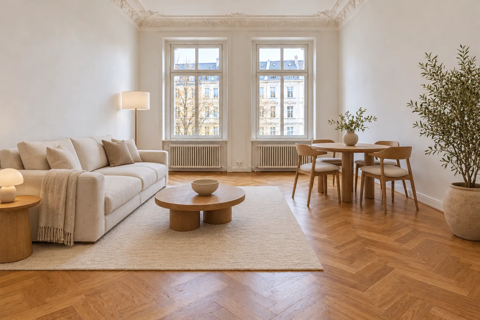 Wohnzimmer der Altbau-Wohnung, hell eingerichtet