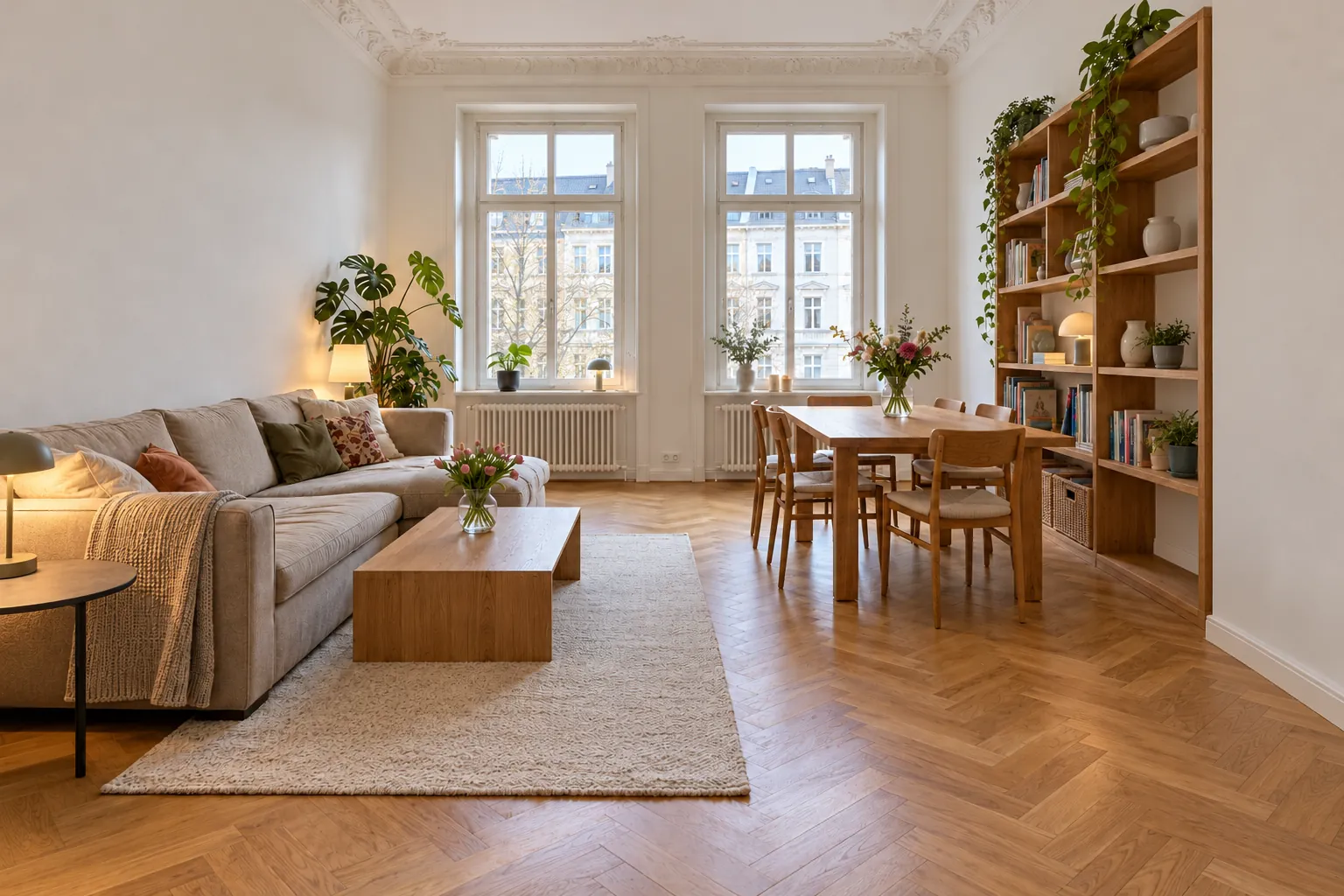 Altbau-Wohnzimmer mit Essbereich, dieselben Möbel, ohne persönliche Gegenstände